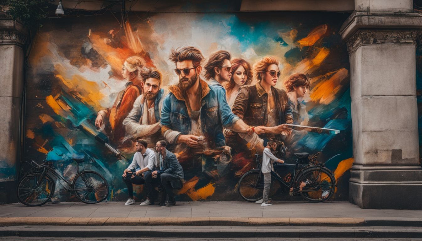 Une fresque artistique sur un mur de la ville, entourée d'une activité urbaine animée.