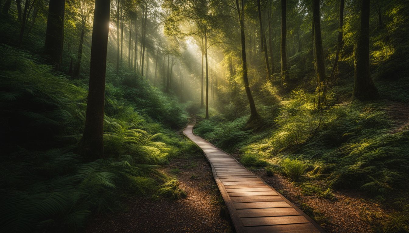 Un sentier illuminé à travers une forêt luxuriante sans personne.