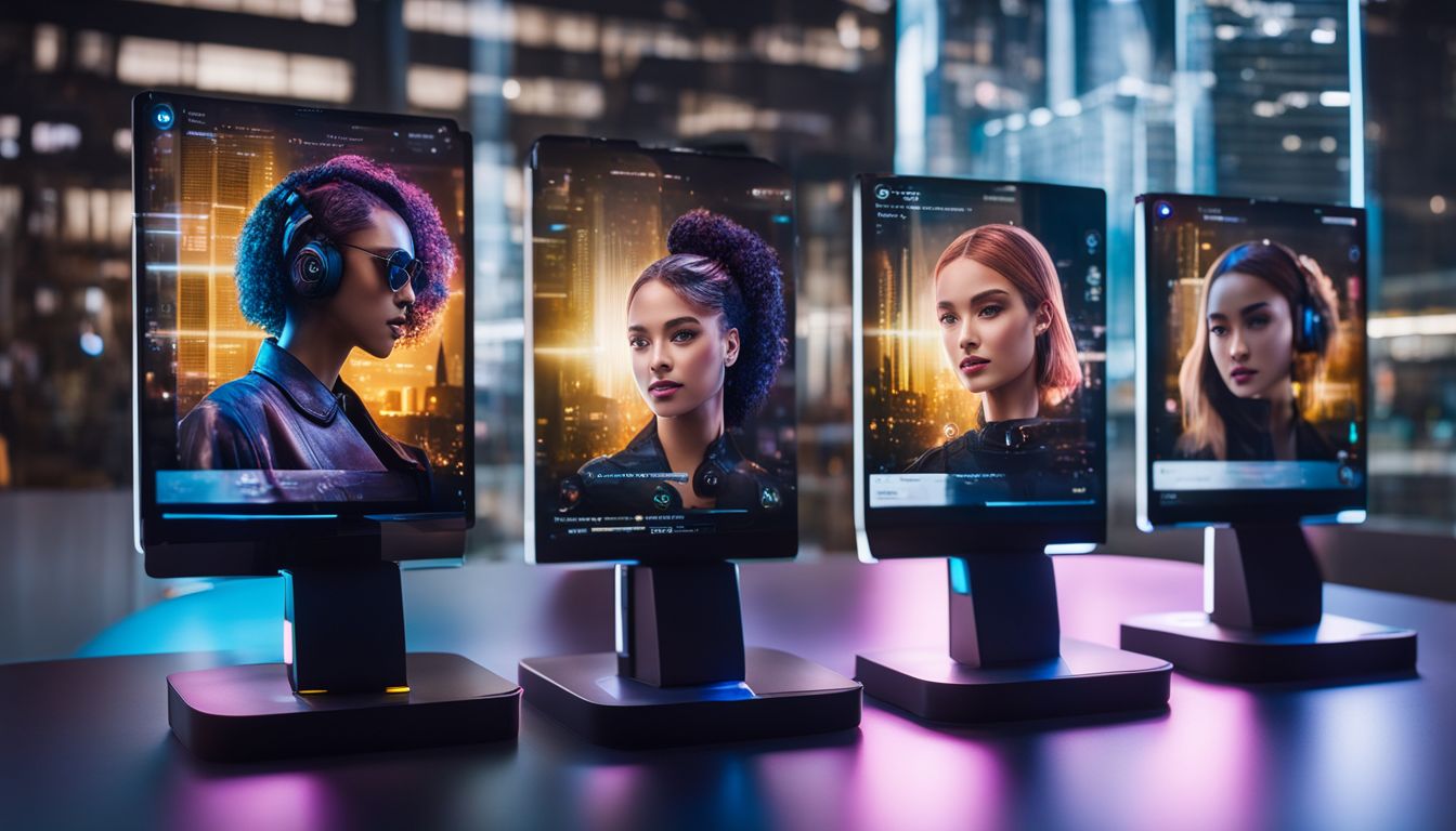 Cinq chatbots AI modernes affichés sur des écrans holographiques futuristes.